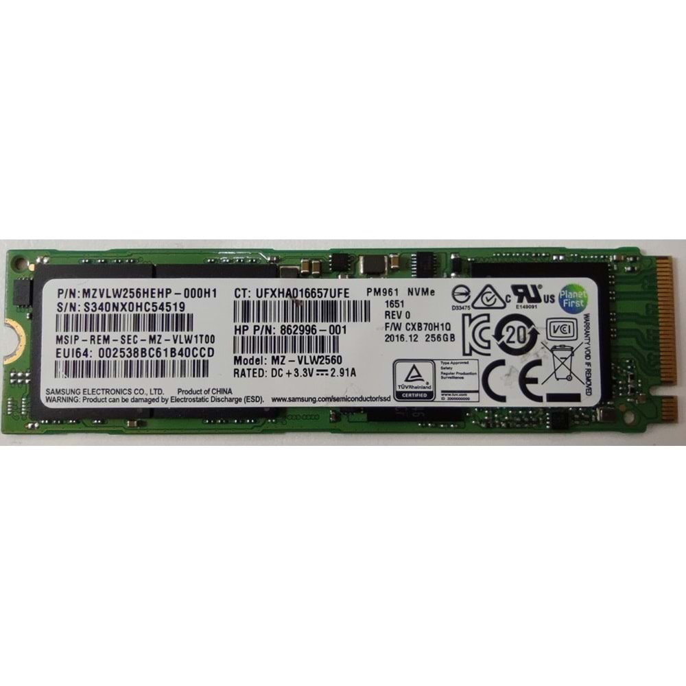 HYL - Samsung 256 GB SSD PM961 NVME M.2 PCle Solid State Notebook SSD Hard Disk - MZVLW256HEHP-000H1 862996-001