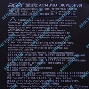 2.EL - Orjinal Acer Aspire ES1-311 ES1-331 11.4V 3090mAh Notebook Batarya - AC14B18J