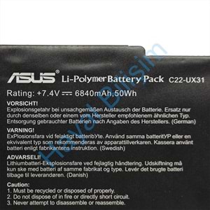 2.EL - Orjinal Asus UX31 UX31E UX31A UX31H Notebook Batarya - C22-UX31