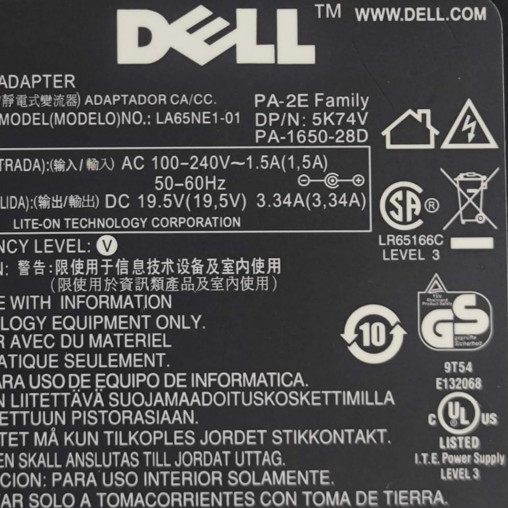 2. EL - Orjinal Dell 19.5V 3.34A Slim 7.4mm X 5.0mm 65W Notebook Geniş İğne Uç Notebook Adaptör