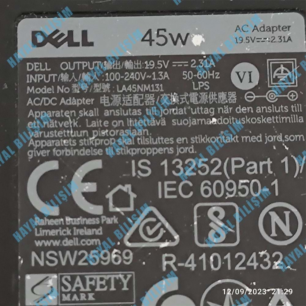 2.EL - Orjinal Dell LA45NM131 CDF57 0CDF57 JT9DM 0X9RG3 19.5V 2.31A 45W 4.5mmX3.0mm Notebook Adaptör