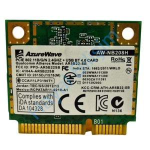 2.EL - Orjinal AzureWave WiFi Wireless + 4.0 BT PCIE 802.11BGN AW-NB208H AR5B22-SB Notebook Wifi Ağ Kart