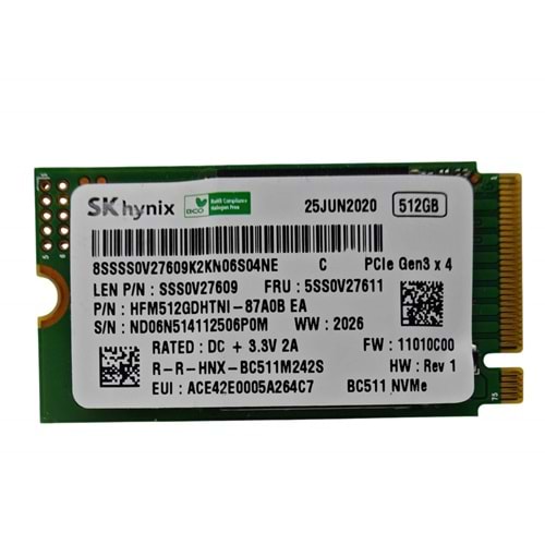 2.EL - Orjinal SK Hynix 512 Gb BC511 HFM512GDHTNI-87A0B M.2 PCIe 5SS0V27611 Notebook SSD Hard Disk