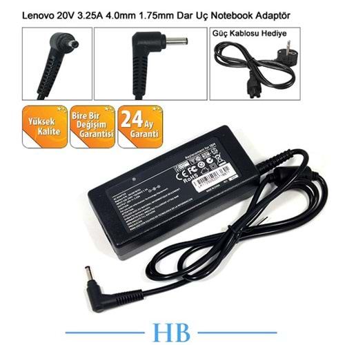 HYLADP014 - Lenovo 20V 3.25A 4.0mm X 1.7mm Dar Uç Muadil Notebook Adaptör