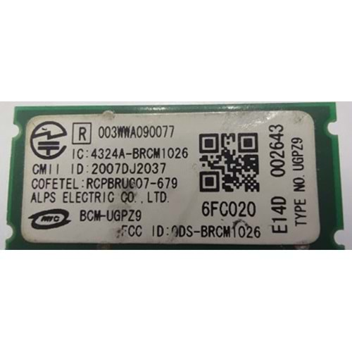 2.EL - Orjinal Sony Vaio VGNFW VGN-FW PCG-3F4L PCG-3J1M Notebook Bluetooth Kart - UGPZ9 BCM-UGPZ9 BRCM1026