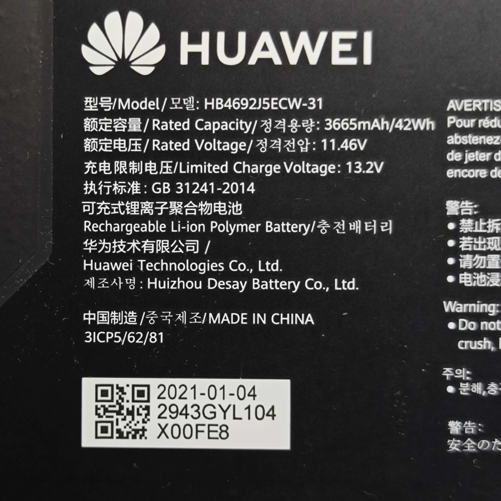 2.EL - Orjinal Huawei Matebook D15 BOH-WAQ9R BOD-WFE9 BOB-WAH9 Notebook Batarya