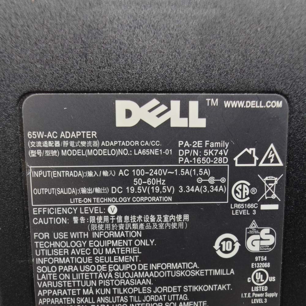 2.EL - Orjinal Dell İnspiron 19.5V 3.34A 7.4mm X 5.0mm Cn-05K74V Notebook Adaptör